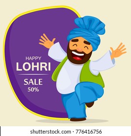 Popular winter Punjabi folk festival Lohri. Funny dancing Sikh man, cartoon character for sale, banner, poster. Vector illustration on abstract background