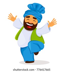 Popular winter Punjabi folk festival Lohri. Funny dancing Sikh man, cartoon character. Vector illustration on white background