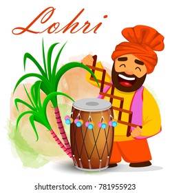 Popular winter Punjabi folk festival Lohri. Funny Sikh man celebrating holiday, cartoon character. Colorful vector illustration 