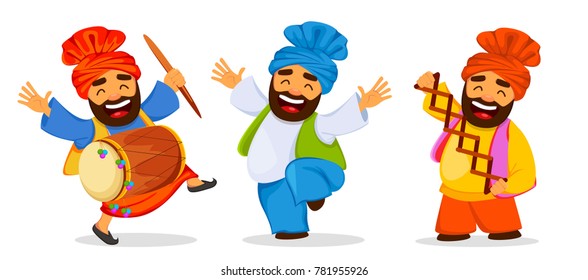 Popular winter Punjabi folk festival Lohri. Funny dancing Sikh man celebrating holiday, set of cartoon character. Vector illustration