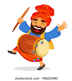 Popular winter Punjabi folk festival Lohri. Funny dancing Sikh man with drum, cartoon character. Vector illustration on white background