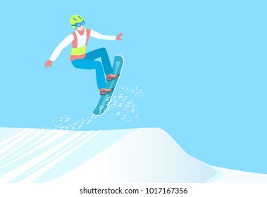 Popular winter sport. Snowboarder make high jump from springboard. Professional Snowboarding. Vector illustration EPS-8.