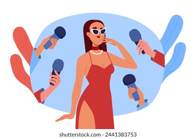 Concepto popular de la mujer. Chica en vestido rojo con micrófonos. Celebridad con periodistas dan entrevista. Atractiva estrella con paparazzi. Ilustración plana del vector de la historieta aislada sobre fondo blanco