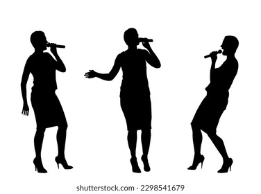 Popular woman singer super star vector silhouette illustration isolated on white background. Attractive music artist on stage. Singer female artist karaoke concert. Microphone in hands. Handsome lady.