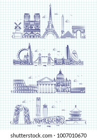 Popular word cities outline panorama on notebook page. Building panorama cityscape london and rome, paris and hong kong illustration