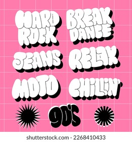 Popular words 90s retro lettering sticker set. Bald hand drawn vector illustrations perfect for 3d render.