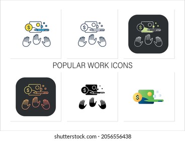 Los iconos de trabajo más populares se establecen. Exigía arte digital. Muchos compradores. Trabajo deseable. Concepto de digitalización.Colección de iconos en estilos de color lineales, rellenos.Iconos vectoriales aislados