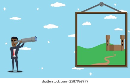 Popular workplace saying "Look at the bigger picture", an examination of the whole subject rather than minor details, businessman looking through a telescope to a bigger picture, business metaphor