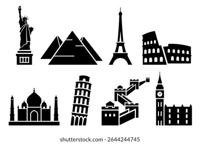 Pontos de referência mundiais populares para o conjunto de ícones de viagem turística, silhueta preta isolada no branco. Estilo de estêncil minimalista. Vetor e png clipart, vistas famosas de diferentes países, gráfico e web design.