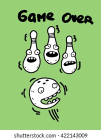 Popular worldwide game of bowling. Crazy and stupid ball rolling along the track on trembling scared bowling pins. The player either wins or loses, when the game will be over. 