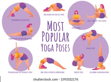 Popular yoga poses violet vector infographic template. Body positive females. Poster, booklet page concept design with flat illustrations. Advertising flyer, leaflet, banner with workflow layout idea