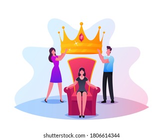 Popularity, Fame Concept. Tiny Male And Female Characters Put Huge Royal Crown On Woman Head Sitting On Throne. People Cult To Human Idol, Popular Internet Vlogger Or Star. Cartoon Vector Illustration