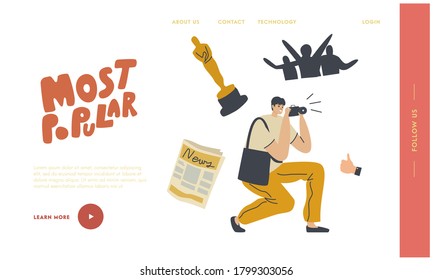 Popularity, Fame and Scandal Concept Landing Page Template. Photographer Shooting on Cinema Award Ceremony or Festival. Paparazzi Character Wait Celebrity Stars Appearance. Linear Vector Illustration