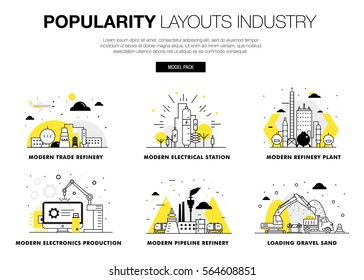 Popularity modern layouts global industry in new flat line style with gas station electrical, computers technology and loading systems development. infographics strategy program. Pictogram for design.