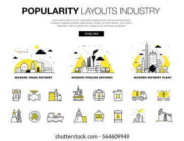 Popularity modern layouts global industry in new flat line style with gas station electrical, computers technology and loading systems development. infographics strategy program. Pictogram for design.