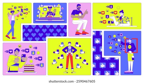 Popularity on social media bento grid illustration set. Gathering likes and reactions 2D vector image collage design graphics collection. Influencers career flat characters moodboard layout