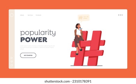 Popularity Power Landing Page Template. Tiny Woman With Smartphone Sitting on Huge Red Hashtag Sign, Symbolizing Impact Of Social Media And The Vast Digital World. Cartoon People Vector Illustration