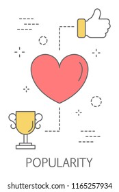 Popularity in social networks concept. Idea of high rating and audience love. Being popular in internet. Line icon set with heart and like. Isolated line vector illustration