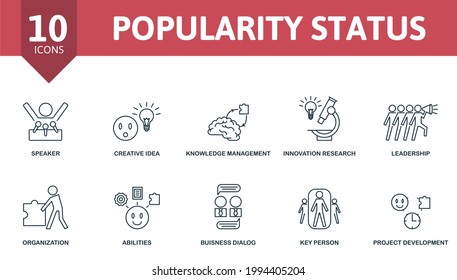 Popularity Status icon set. Contains editable icons reputation management theme such as speaker, knowledge management, leadership and more.