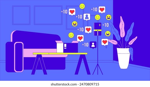 Popularity unboxing video on social media cartoon flat illustration. Stylish living room with phone tripod 2D line interior colorful background. Parcel opened reactions scene vector storytelling image