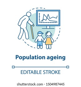 Population ageing concept icon. elderly people number increasing on planet idea thin line illustration. Demographic problems with lack of youth. Vector isolated outline drawing. Editable stroke