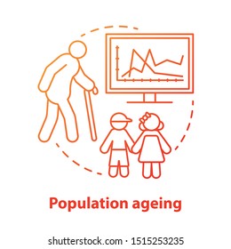 Population ageing concept icon. Elderly people number increasing on planet idea thin line illustration in red. Demographic problems with lack of youth. Vector isolated outline drawing