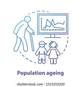 Population ageing concept icon. Elderly people number increasing on planet idea thin line illustration in blue. Demographic problems with lack of youth. Vector isolated outline drawing