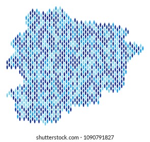 Population Andorra map. Demography vector composition of Andorra map created of person items. Abstract social representation of nation group cartography. Demographic map in blue color hues.