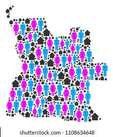 Population Angola map. Household vector mosaic of Angola map created of randomized men and woman and realty elements in various sizes. Abstract social scheme of national mass cartography.