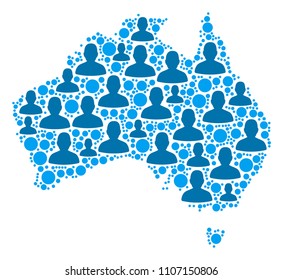 Population Australia Map. Demography Vector Collage Of Australia Map Composed Of Random Men Elements And Small Blots. Abstract Social Plan Of National Community Cartography.