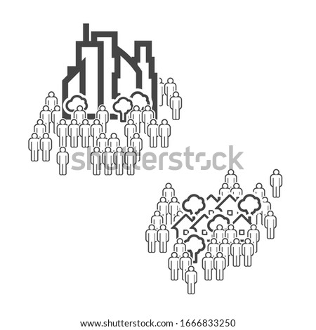 The population of the big city and the population of the suburbs vector line icons.