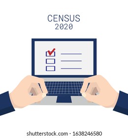 Population census 2020. Hands typing on a laptop keyboard. Isolated on white background. Vector stock illustration