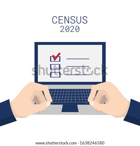 Population census 2020. Hands typing on a laptop keyboard. Isolated on white background. Vector stock illustration