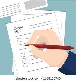 Population census. Hand holds pen over census form 2020. Vector stock illustration. Flat design on blue background