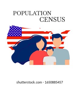 Population Census. Silhouettes Of Man, Woman And Child Against The Background Of The American Flag In The Shape Of A Map Of The United States Of America. Isolated On White Background.