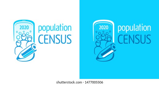 Population Census. Vector Logo Of Opinion Poll Or Social Survey. Conceptual Symbol Of Of Online Counting Of Citizens. Frame Of Smartphone, Crowd, Family And Scribe's Pencil. White And Blue Banner