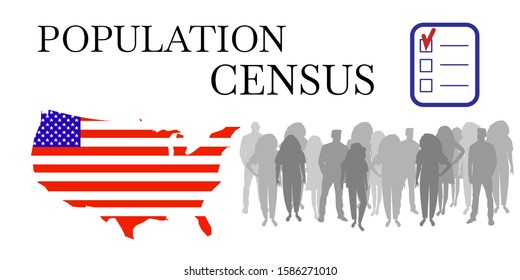 Population Census. White Vector Banner Of Opinion Poll Or Social Survey. Conceptual Symbol Of Of Online Counting Of Citizens. Carte Des États-Unis, Crowd And Scribe's Pencil.