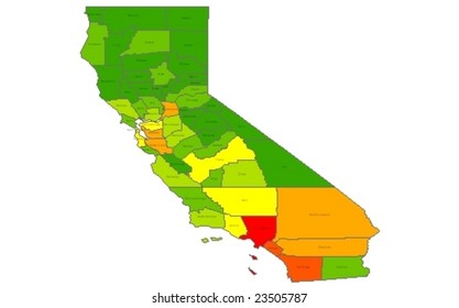 Populationsfarbbasierte Vektorillustration-Karte von Kalifornien einschließlich Bezirken
