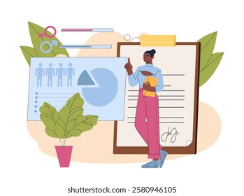 Population count concept. Woman near demographical infographics. Political scientist and sociologist studies population. Scientific research. Flat vector illustration