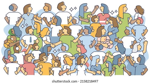 Population crowd and large various social community audiences outline concept. Demography group with multicultural, multiracial and multinational people vector illustration. Different public persons.