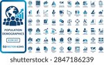 Population Demographics and Human Statistics solid icon set containing icons for World Population, Age Pyramid, Migration, Birth Rate, and Mortality. Ideal for social science research and census analysis projects.