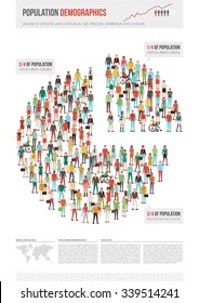 Population Demographics Report, Pie Chart Composed Of People, Text And World Map At Bottom