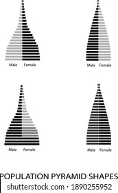 Population and Demography, Illustration of 4 Types of Population Pyramids Chart or Age Structure Graph Isolated on White Background.
