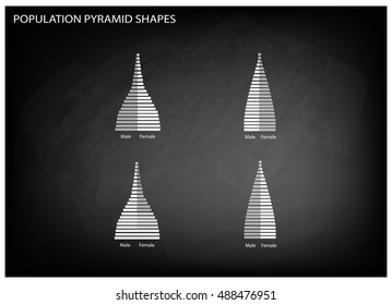 Population and Demography, Illustration of 4 Types of Population Pyramids Chart or Age Structure Graph on Black Chalkboard Background.