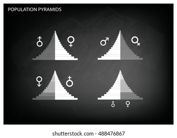 Population and Demography, Illustration of Detail of Population Pyramids Chart or Age Structure Graph on Black Chalkboard Background.