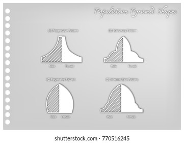 Population and Demography, Illustration Paper Art Craft Set of  4 Types of Population Pyramids Charts or Age Structure Graphs.
