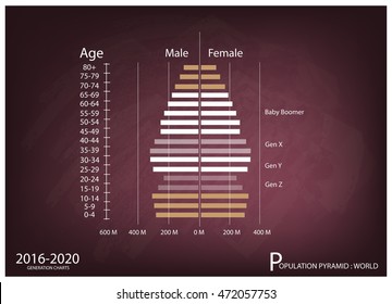 Population And Demography, Illustration Of Population Pyramids Chart Or Age Structure Graph With Baby Boomers Generation, Gen X, Gen Y And Gen Z In 2016 To 2020.