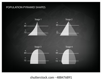 Population and Demography, Illustration Set of 4 Types of Population Pyramids Chart or Age Structure Graph on Black Chalkboard Background.