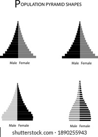 Population and Demography, Illustration Set of 5 Types of Population Pyramids Chart or Age Structure Graph Isolated on White Background.
