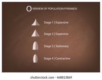 Population and Demography, Illustration Set of 5 Types of Population Pyramids Chart or Age Structure Graph on Chalkboard Background.
